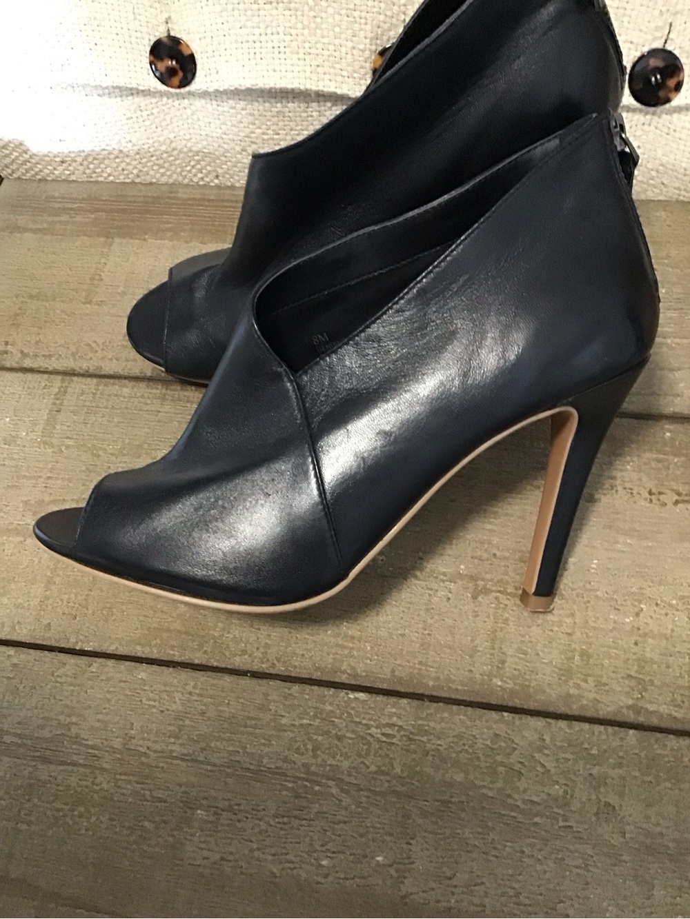 Halogen Black Leather Peep-Toe Stiletto Booties, LNC